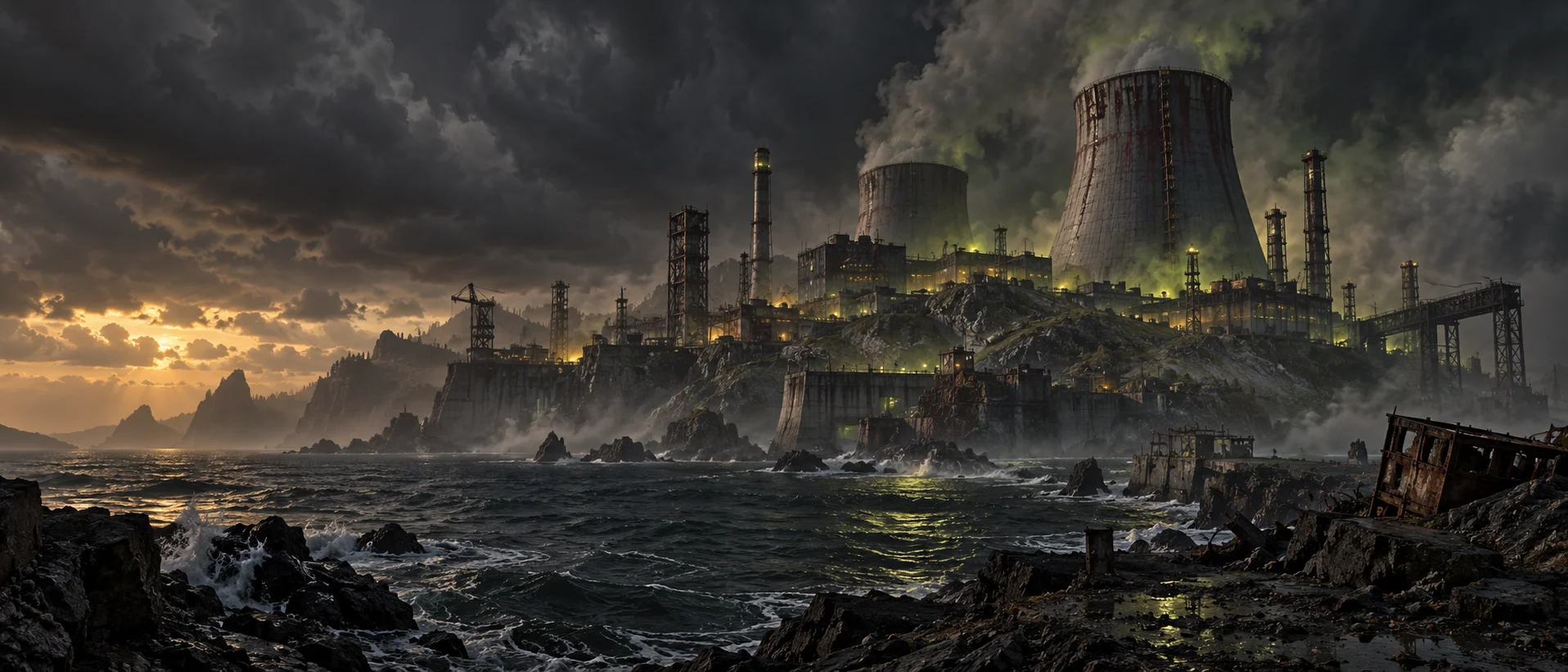 Concept art of a stormy industrial island with nuclear towers